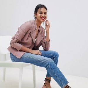 Rose pink faux leather moto jacket